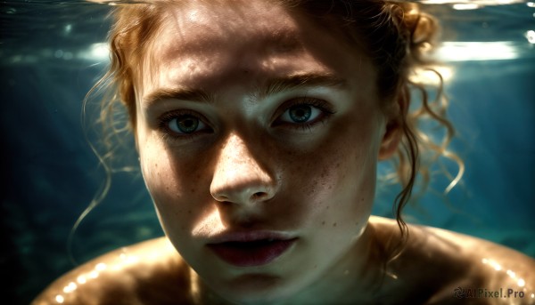 HQ,1girl,solo,looking at viewer,blonde hair,brown hair,brown eyes,green eyes,parted lips,teeth,shiny,water,lips,sunlight,portrait,close-up,freckles,underwater,realistic,nose,blue eyes,1boy,male focus,blurry,eyelashes,light rays,dappled sunlight