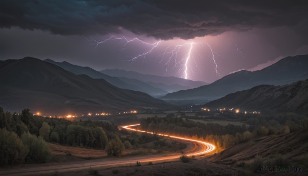 outdoors,sky,cloud,tree,no humans,night,glowing,cloudy sky,grass,fire,nature,scenery,forest,mountain,electricity,road,river,lightning,landscape,mountainous horizon,rain,dark,path,hill