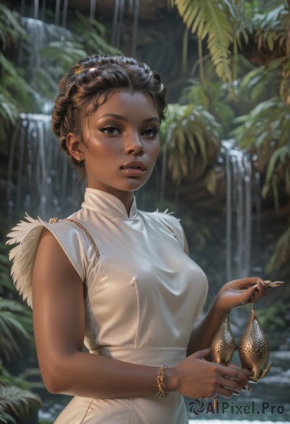 1girl,solo,breasts,looking at viewer,short hair,brown hair,black hair,hair ornament,dress,holding,brown eyes,jewelry,medium breasts,closed mouth,upper body,earrings,outdoors,parted lips,sleeveless,artist name,dark skin,water,necklace,hair bun,white dress,blurry,black eyes,bracelet,dark-skinned female,lips,fingernails,wet,see-through,eyelashes,sleeveless dress,blurry background,plant,wet clothes,realistic,nose,holding clothes,waterfall,very dark skin,dreadlocks,shiny,covered nipples,piercing