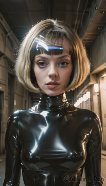 1girl,solo,breasts,looking at viewer,short hair,bangs,blonde hair,brown eyes,medium breasts,upper body,parted lips,shiny,artist name,indoors,lips,grey eyes,bodysuit,makeup,bob cut,lipstick,skin tight,freckles,science fiction,shiny clothes,realistic,black bodysuit,red lips,latex,latex bodysuit,brown hair,teeth,blunt bangs,black eyes,headgear,goggles,goggles on head,nose,cable