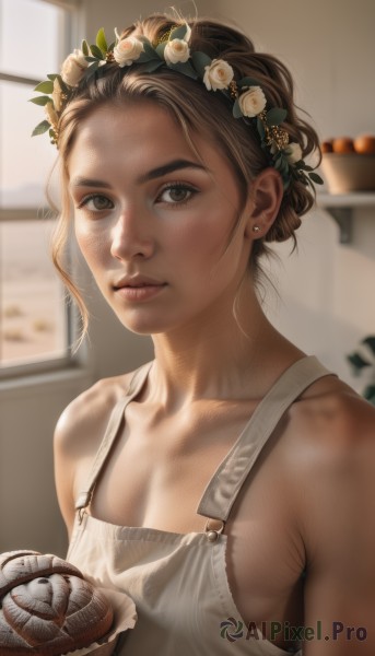 1girl,solo,breasts,looking at viewer,short hair,brown hair,hair ornament,cleavage,bare shoulders,brown eyes,jewelry,collarbone,upper body,flower,earrings,small breasts,food,indoors,hair flower,hair bun,blurry,apron,lips,window,blurry background,freckles,realistic,nose,head wreath,naked apron,pie,holding,hairband,parted lips,mole,mole under eye,muscular,animal,sunlight,cat,tank top,backlighting,holding animal