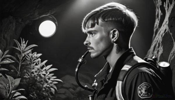 solo,short hair,1boy,jewelry,monochrome,upper body,greyscale,male focus,earrings,outdoors,bag,uniform,from side,tree,profile,night,facial hair,moon,backpack,nature,beard,full moon,forest,realistic,stubble,earpiece,jacket,sky,piercing,undercut