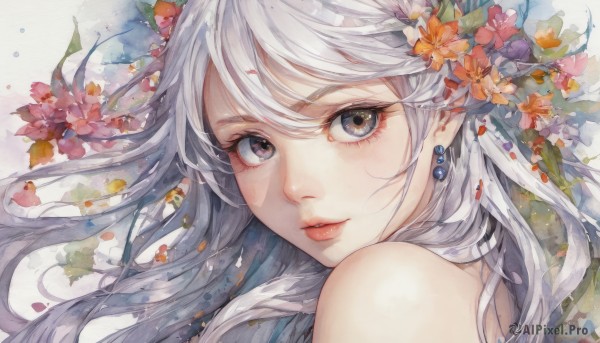 1girl,solo,long hair,looking at viewer,bangs,hair ornament,bare shoulders,brown eyes,jewelry,flower,white hair,earrings,parted lips,pointy ears,hair flower,lips,grey eyes,eyelashes,portrait,close-up,orange flower,hair between eyes,grey hair,black eyes,petals,traditional media,painting (medium),watercolor (medium)