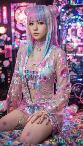 1girl,solo,long hair,breasts,looking at viewer,bangs,long sleeves,navel,jewelry,medium breasts,sitting,underwear,blue hair,jacket,pink hair,multicolored hair,parted lips,choker,dark skin,blunt bangs,hair bun,nail polish,bra,blurry,two-tone hair,lips,streaked hair,fingernails,see-through,grey eyes,double bun,makeup,blurry background,pink nails,realistic,hand on own thigh,body writing,leg tattoo,cyberpunk,cleavage,purple hair,artist name,tattoo,gradient hair,neon lights