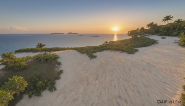 outdoors,sky,cloud,water,tree,no humans,ocean,beach,sunlight,grass,plant,nature,scenery,sunset,sand,palm tree,sun,horizon,road,bush,evening,shore,forest,island