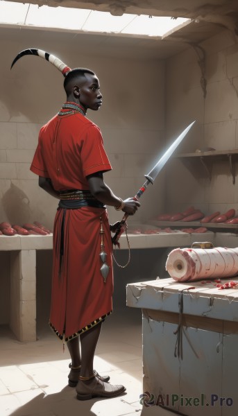 solo,black hair,1boy,holding,jewelry,standing,full body,weapon,male focus,earrings,food,horns,indoors,dark skin,necklace,from behind,holding weapon,bracelet,blood,colored skin,sandals,dark-skinned male,knife,fish,anklet,holding knife,bald,grey skin,very dark skin,black skin,tomato,dreadlocks,kitchen knife,1girl,closed mouth,ponytail,short sleeves,barefoot,looking back,sword,from side,sash,tattoo,profile,shadow,holding sword,piercing,robe,very short hair,neck ring