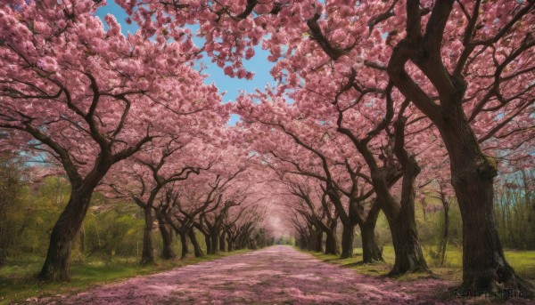 outdoors, sky, day, tree, blue sky, dutch angle, no humans, traditional media, grass, cherry blossoms, nature, scenery, road, path, spring (season)