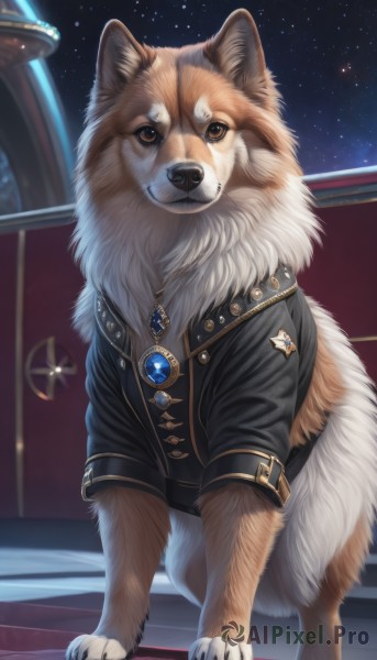 solo,looking at viewer,brown eyes,jewelry,standing,jacket,full body,sky,necklace,star (symbol),collar,black jacket,no humans,night,animal,brooch,gem,star (sky),night sky,pendant,starry sky,dog,animal focus,blue gemstone,red gemstone,clothed animal,sword,watermark,claws,realistic,emblem,badge