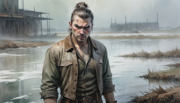 solo,looking at viewer,shirt,black hair,1boy,jacket,upper body,male focus,outdoors,open clothes,collared shirt,belt,water,vest,open jacket,wet,facial hair,scar,wet clothes,beard,scar on face,sleeves rolled up,rain,realistic,scar across eye,manly,leather,topknot,short hair,closed mouth,closed eyes,ponytail,teeth,black shirt,brown jacket,serious,brown belt