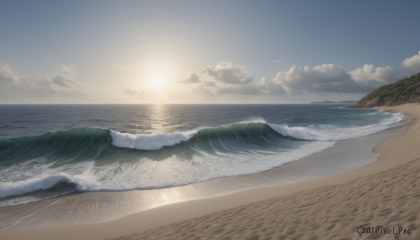 outdoors,sky,day,cloud,water,blue sky,no humans,ocean,beach,sunlight,scenery,sunset,mountain,sand,sun,horizon,waves,shore,sunrise,vehicle focus