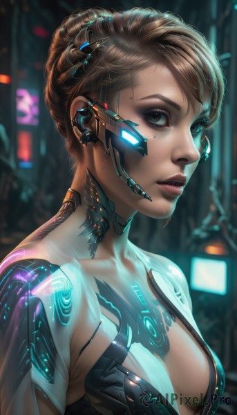 1girl,solo,breasts,looking at viewer,short hair,brown hair,cleavage,brown eyes,medium breasts,upper body,small breasts,parted lips,hair bun,mole,blurry,lips,bodysuit,blurry background,glowing,single hair bun,freckles,science fiction,nose,android,cyborg,cyberpunk,earpiece,hologram,blue eyes,collarbone,braid,from side,eyelashes,mole under eye,makeup,robot,lipstick,eyeshadow,realistic,eyeliner,mascara,neon lights