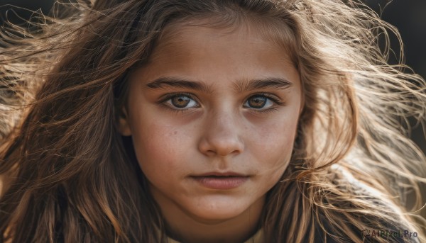 1girl,solo,long hair,looking at viewer,blonde hair,simple background,brown hair,brown eyes,closed mouth,parted lips,lips,floating hair,black background,messy hair,portrait,close-up,freckles,realistic,nose,eyelashes