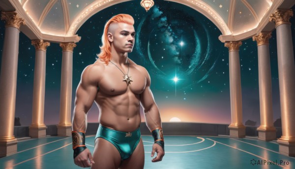 solo,long hair,blonde hair,1boy,navel,jewelry,underwear,nipples,male focus,sky,water,necklace,stomach,star (symbol),orange hair,muscular,facial hair,piercing,abs,pectorals,muscular male,wristband,star (sky),bara,starry sky,large pectorals,bulge,topless male,realistic,pool,space,male underwear,planet,male swimwear,biceps,wrestling outfit,briefs,swim briefs,blue eyes,closed mouth,thighs,night,scar,thick thighs,night sky,pillar,constellation