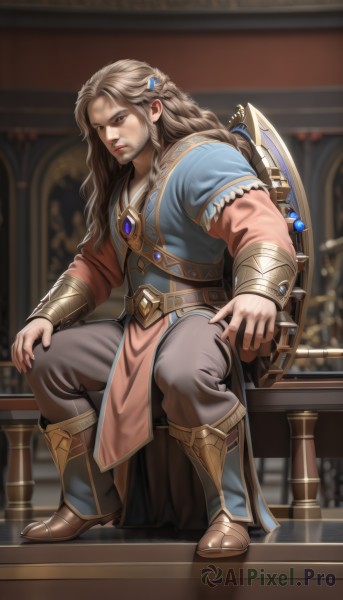 solo,long hair,looking at viewer,brown hair,hair ornament,long sleeves,1boy,brown eyes,jewelry,sitting,closed mouth,full body,weapon,braid,male focus,boots,belt,pants,sword,indoors,armor,blurry,lips,blurry background,facial hair,chair,brown footwear,gem,pelvic curtain,beard,shield,mustache,bracer,grey pants,tunic,necklace,muscular,realistic,manly,blue gemstone