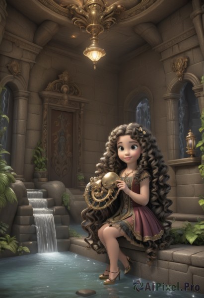 1girl,solo,long hair,smile,brown hair,dress,holding,brown eyes,jewelry,sitting,very long hair,shoes,water,necklace,black eyes,high heels,lips,leaf,sandals,plant,curly hair,stairs,fantasy,lamp,soaking feet,pillar,waterfall,arch,column,fountain,black hair,hair ornament,full body,short sleeves,frills,artist name,indoors,black footwear,window,watermark,wavy hair,frilled dress,child,web address,statue