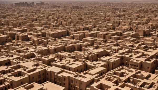 monochrome,outdoors,no humans,from above,building,scenery,city,cityscape,sepia,skyscraper,rooftop,brown theme,sky,day,landscape