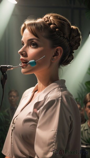 1girl,short hair,brown hair,shirt,brown eyes,jewelry,white shirt,upper body,braid,earrings,parted lips,multiple boys,solo focus,indoors,hair bun,blurry,from side,lips,makeup,blurry background,single hair bun,lipstick,freckles,realistic,nose,red lips,braided bun,applying makeup,solo,open mouth,bangs,short sleeves,teeth,eyelashes,sunlight,sunglasses,microphone,music,singing