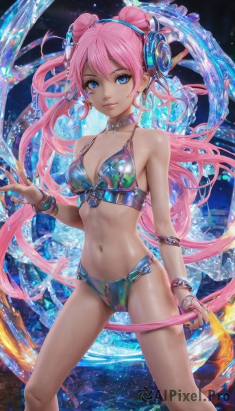 1girl,solo,long hair,breasts,looking at viewer,smile,blue eyes,navel,cleavage,bare shoulders,twintails,jewelry,medium breasts,very long hair,standing,swimsuit,pink hair,bikini,earrings,choker,hair bun,nail polish,bracelet,lips,double bun,headphones,ring,hair ornament,facial mark