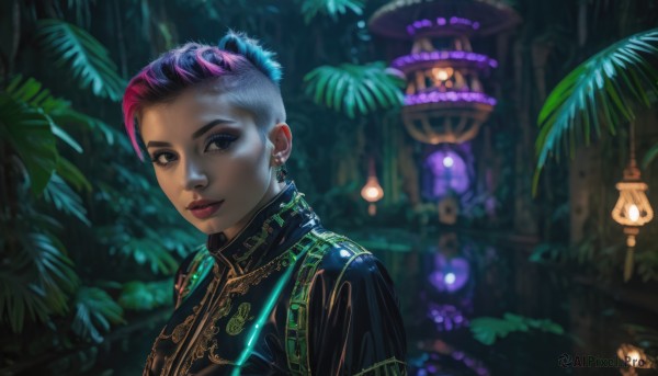 1girl,solo,looking at viewer,smile,short hair,brown eyes,jewelry,closed mouth,upper body,pink hair,purple hair,multicolored hair,earrings,outdoors,blurry,black eyes,two-tone hair,tree,lips,eyelashes,makeup,blurry background,leaf,plant,lipstick,eyeshadow,lantern,nose,eyeliner,undercut,artist name,nature,realistic,very short hair