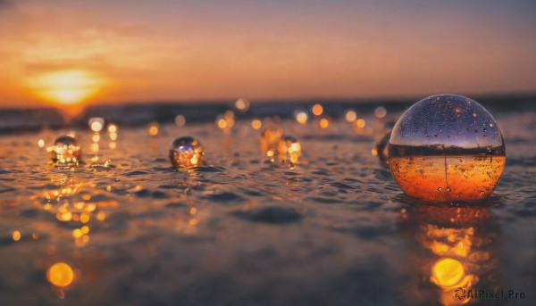 outdoors, sky, water, blurry, no humans, depth of field, ocean, scenery, reflection, sunset, horizon, bokeh