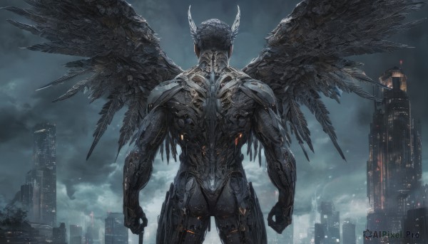 solo,1boy,standing,male focus,outdoors,wings,horns,sky,cloud,from behind,helmet,cloudy sky,robot,building,feathered wings,1other,science fiction,black wings,city,facing away,cityscape,skyscraper,black hair,cowboy shot,armor,no humans,muscular,shoulder armor,clenched hands,monster,arms at sides,mechanical wings,multiple wings,skyline