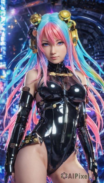 1girl,solo,long hair,breasts,looking at viewer,smile,blue eyes,hair ornament,thighhighs,gloves,bare shoulders,medium breasts,very long hair,blue hair,pink hair,multicolored hair,cowboy shot,black gloves,elbow gloves,shiny,fingerless gloves,nail polish,two-tone hair,leotard,lips,shiny skin,aqua hair,black leotard,skin tight,highleg leotard,zipper,science fiction,contrapposto,shiny clothes,latex,latex gloves,standing,headphones,highleg