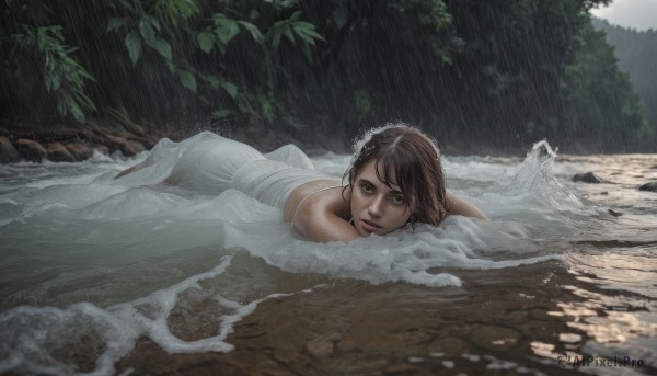 1girl,solo,looking at viewer,brown hair,dress,bare shoulders,brown eyes,outdoors,lying,water,white dress,tree,lips,wet,strapless,leaf,beach,on stomach,wet clothes,nature,strapless dress,rain,wedding dress,realistic,short hair,jewelry,parted lips,sky,sleeveless,cloud,ocean,cloudy sky,forest,on ground,waves,log