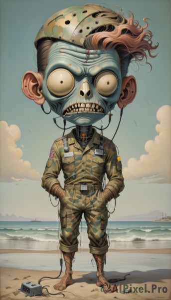 solo,looking at viewer,1boy,standing,full body,yellow eyes,male focus,outdoors,sky,barefoot,teeth,day,cloud,water,uniform,blue sky,military,military uniform,mask,bird,ocean,beach,robot,hands in pockets,sand,horizon,cable,camouflage,dirty,jumpsuit,american flag,patch,brown hair,boots,belt,pants,no humans,colored skin,clenched teeth,skull,horror (theme),wire