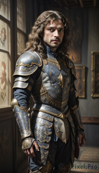 solo,long hair,looking at viewer,blonde hair,brown hair,long sleeves,1boy,brown eyes,closed mouth,standing,male focus,cowboy shot,parted lips,pants,indoors,armor,blurry,black eyes,lips,window,blurry background,facial hair,scar,black pants,shoulder armor,gauntlets,beard,curly hair,pauldrons,breastplate,realistic,mustache,arms at sides,vambraces,greaves,old,faulds,painting (object),chainmail,blue eyes,weapon,sword,sheath,sheathed