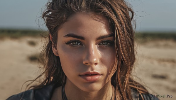 1girl,solo,long hair,looking at viewer,brown hair,brown eyes,outdoors,parted lips,day,blurry,lips,depth of field,blurry background,messy hair,portrait,freckles,realistic,nose,sand,desert,sky,blue sky,eyelashes,thick eyebrows,wind,close-up