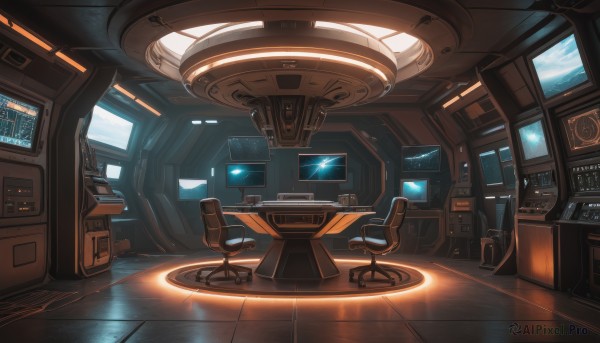 sky,indoors,no humans,window,chair,scenery,science fiction,cable,computer,monitor,planet,keyboard (computer),cockpit,holographic interface,robot,desk,machinery,reflection,realistic,space,earth (planet),spacecraft,speaker,screen