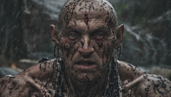 solo,looking at viewer,1boy,jewelry,closed mouth,upper body,male focus,earrings,outdoors,pointy ears,dark skin,blurry,lips,wet,blurry background,facial hair,dark-skinned male,portrait,rain,realistic,bald,green eyes,water,blood,tattoo,scar,beard,scar on face,close-up,manly