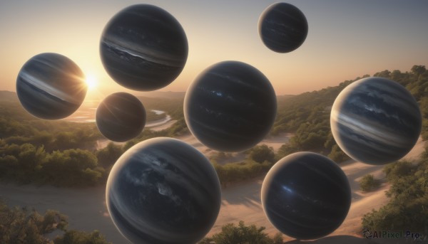 A landscape showcased in a tranquil sunset outdoors