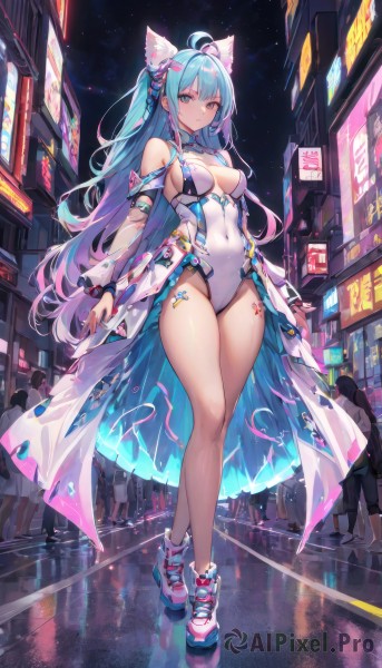 1girl,solo,long hair,breasts,looking at viewer,bangs,blue eyes,large breasts,hair ornament,long sleeves,animal ears,cleavage,bare shoulders,medium breasts,very long hair,closed mouth,blue hair,standing,full body,pink hair,ahoge,thighs,multicolored hair,outdoors,detached sleeves,sky,shoes,solo focus,virtual youtuber,cat ears,nail polish,two-tone hair,leotard,animal ear fluff,see-through,legs,clothing cutout,bare legs,aqua hair,covered navel,tattoo,gradient hair,night,highleg,cleavage cutout,building,night sky,skin tight,extra ears,pink nails,highleg leotard,reflection,city,white leotard,platform footwear,crowd,reflective floor,fake animal ears,white footwear,crossed legs,walking,road,street,skates,crosswalk,6+others