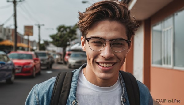 solo,looking at viewer,smile,short hair,brown hair,shirt,1boy,jacket,closed eyes,white shirt,upper body,male focus,outdoors,open clothes,glasses,teeth,day,bag,grin,blurry,open jacket,tree,depth of field,blurry background,facial hair,backpack,denim,blue jacket,ground vehicle,building,facing viewer,motor vehicle,realistic,round eyewear,car,old,real life insert,bus,denim jacket,open mouth,window,sunglasses,portrait,photo background