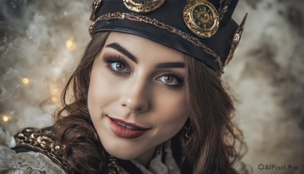 1girl,solo,long hair,looking at viewer,smile,brown hair,hat,brown eyes,parted lips,teeth,blurry,lips,eyelashes,black headwear,makeup,blurry background,lipstick,portrait,realistic,red lips,tongue,tongue out,chain,close-up,nose,steampunk