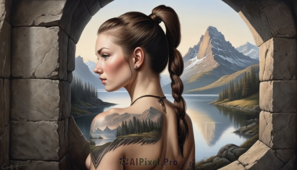 1girl,solo,long hair,breasts,blush,blue eyes,brown hair,jewelry,medium breasts,upper body,ponytail,braid,earrings,outdoors,day,signature,water,lips,single braid,tattoo,profile,back,reflection,braided ponytail,mountain,realistic,nose,sky,tree,sideboob,scenery,tribal