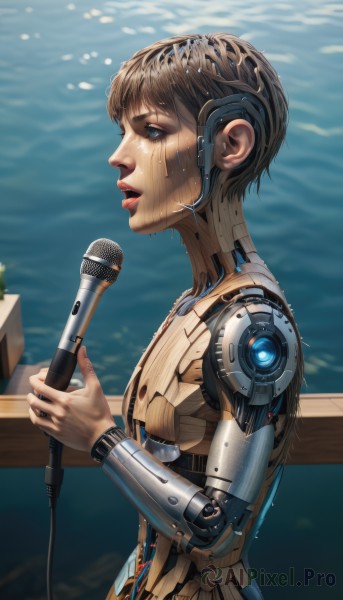 1girl,solo,short hair,open mouth,blue eyes,brown hair,holding,upper body,water,from side,lips,wet,profile,robot,microphone,freckles,science fiction,realistic,nose,music,android,joints,cable,wet hair,mechanical arms,singing,cyborg,microphone stand,robot joints,mechanical parts,1boy,male focus,parted lips,blurry,androgynous,underwater,air bubble,very short hair,damaged,looking ahead,cyberpunk