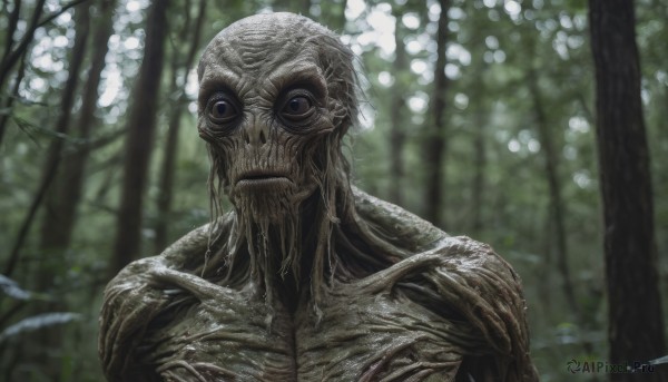 solo, looking at viewer, closed mouth, upper body, signature, blurry, tree, no humans, blurry background, nature, forest, monster, realistic, horror (theme)