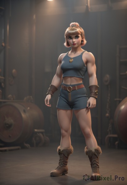 1girl,solo,breasts,looking at viewer,short hair,bangs,blue eyes,blonde hair,brown hair,navel,bare shoulders,jewelry,medium breasts,standing,full body,ponytail,thighs,earrings,boots,shorts,midriff,belt,indoors,blunt bangs,lips,crop top,short shorts,makeup,muscular,brown footwear,abs,tank top,lipstick,toned,nose,muscular female,red lips,necklace,hair bun,mole,single hair bun,denim,blue shorts,denim shorts,realistic,brown belt