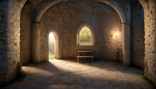 HQ,outdoors,day,indoors,tree,no humans,window,shadow,chair,sunlight,grass,plant,scenery,light rays,stairs,door,light,bench,wall,brick wall,pillar,arch,column,stone floor,lantern,lamp,ruins,moss,pavement,stone wall,brick floor