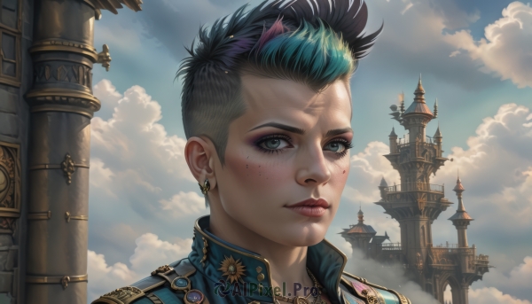 1girl,solo,looking at viewer,short hair,blue eyes,black hair,1boy,jewelry,closed mouth,green eyes,blue hair,jacket,male focus,multicolored hair,earrings,outdoors,green hair,horns,sky,day,artist name,cloud,necklace,two-tone hair,blue sky,lips,eyelashes,makeup,scar,piercing,cloudy sky,lipstick,building,ear piercing,portrait,freckles,realistic,nose,red lips,stud earrings,undercut,castle,tower,mascara,steampunk,facial mark,scenery,scar on face,eyeshadow,architecture,nose piercing