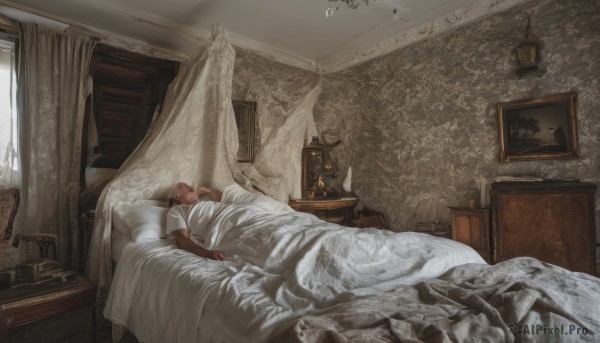 1girl,solo,brown hair,1boy,closed eyes,male focus,lying,indoors,pillow,book,window,bed,bed sheet,on bed,on side,sunlight,sleeping,curtains,scenery,blanket,lamp,photo (object),bedroom,under covers,picture frame,painting (object),canopy bed,short hair,shirt,on back,chair,candle,candlestand,cabinet,chest of drawers