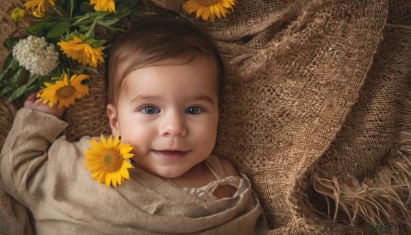 1girl,solo,looking at viewer,smile,blue eyes,brown hair,closed mouth,upper body,flower,lips,child,realistic,yellow flower,sunflower,daisy,old woman,short hair,lying,on back