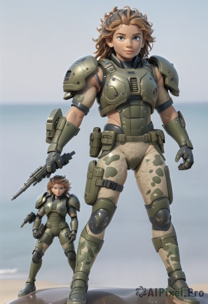 1girl,solo,looking at viewer,short hair,blue eyes,brown hair,gloves,holding,standing,full body,weapon,boots,outdoors,pants,medium hair,holding weapon,armor,blurry,lips,gun,military,ocean,beach,shoulder armor,holding gun,rifle,science fiction,pauldrons,pouch,breastplate,assault rifle,knee pads,camouflage,elbow pads,body armor,long hair,multiple views,goggles,handgun,realistic,nose,sand,thigh pouch,combat boots