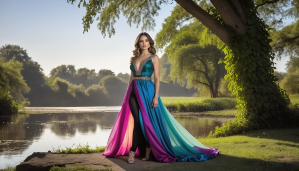 HQ,1girl,solo,long hair,breasts,looking at viewer,large breasts,brown hair,dress,cleavage,bare shoulders,brown eyes,medium breasts,standing,full body,outdoors,sky,day,belt,pants,water,tree,lips,blue dress,wavy hair,sandals,nature,scenery,reflection,realistic,lake,blue eyes,jewelry,white footwear,leggings,river,plunging neckline