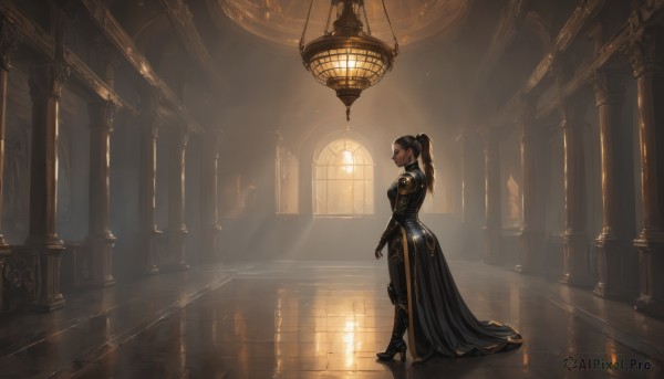 1girl,solo,long hair,breasts,brown hair,black hair,gloves,dress,medium breasts,closed mouth,standing,full body,ponytail,boots,indoors,armor,black dress,high heels,from side,window,profile,sunlight,high ponytail,shoulder armor,high heel boots,reflection,pauldrons,light rays,long dress,light,armored boots,candle,sunbeam,reflective floor,chandelier,long sleeves,jewelry,very long hair,closed eyes,black footwear,scenery,backlighting,wide shot,pillar,arch