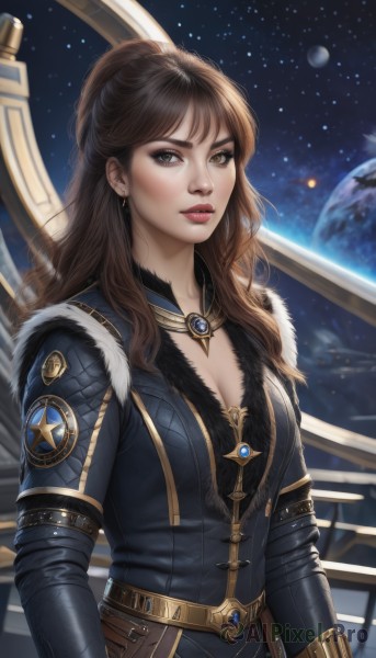 1girl,solo,long hair,breasts,looking at viewer,brown hair,long sleeves,cleavage,brown eyes,jewelry,medium breasts,upper body,ponytail,earrings,parted lips,sky,belt,lips,fur trim,makeup,wavy hair,star (sky),starry sky,nose,red lips,space,planet,earth (planet),bangs,artist name,necklace,realistic,emblem