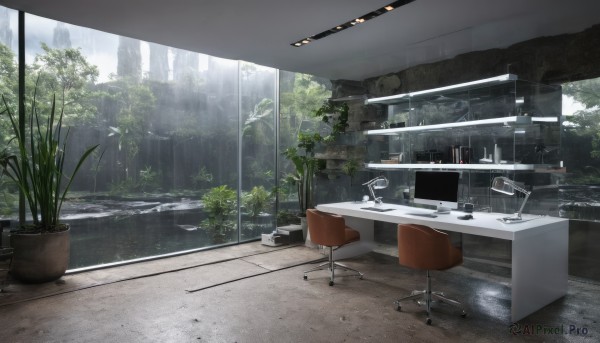 outdoors,day,indoors,water,tree,cup,no humans,window,chair,table,plant,building,scenery,rain,potted plant,stool,sink,desk,lamp,computer,ruins,monitor,keyboard (computer),office chair,office