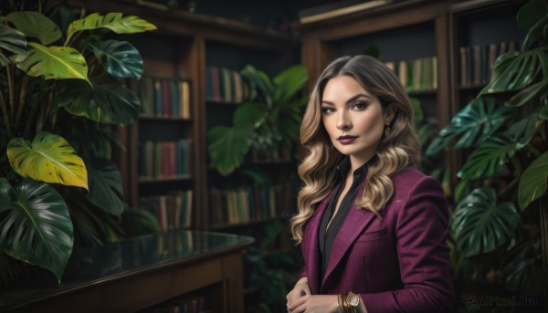 1girl,solo,long hair,looking at viewer,smile,blonde hair,brown hair,shirt,black hair,long sleeves,brown eyes,jewelry,closed mouth,jacket,upper body,multicolored hair,earrings,collared shirt,indoors,blurry,two-tone hair,lips,book,black shirt,makeup,blurry background,leaf,wavy hair,formal,suit,plant,lipstick,watch,bookshelf,wristwatch,potted plant,purple jacket,shelf,bracelet,pinstripe suit